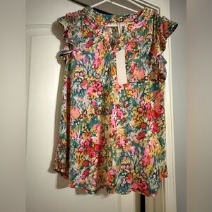 Dear Scarlett Flutter Ruffle Sleeve V neck Top Large NWT